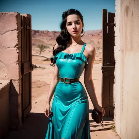 Retro Cam. margaret qualley, wild west, gatsby long dress, pin-up, vintage dress, 22 years old, perfect body, 40s, perspective, half body detail, sharp focus, light mix, detail, 50s, (high skin detail: 1,2), 8k hd, Wallpaper, DSLR, Luz outfit, high quality...