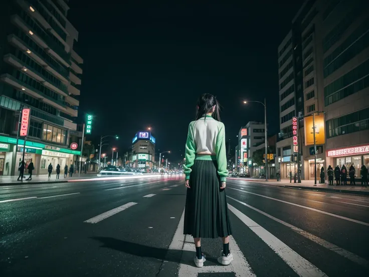 City landscape combination of Mexico and Japan modern avenue anime night neon lights, an anime girl alone in the middle of the street with her back covered in a green flag cardigan sweater, long skirt, high white socks and black shoes