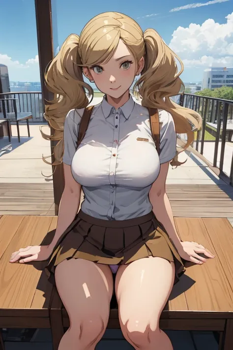 dsann, twin tail, golden hair, sitting with legs apart revealing her panties, wearing a short skirt, thick muscular thighs, large round buttocks, looking down with a seductive smile, masterpiece, 4k