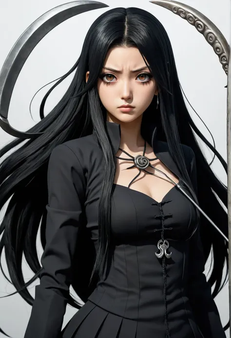 Anime girl with long black hair, black eyes an clam expression with a scythe. In the Naruto universe 