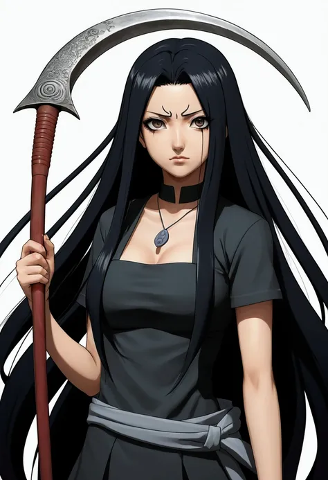 Anime girl with long black hair, black eyes an clam expression with a scythe. In the Naruto universe 