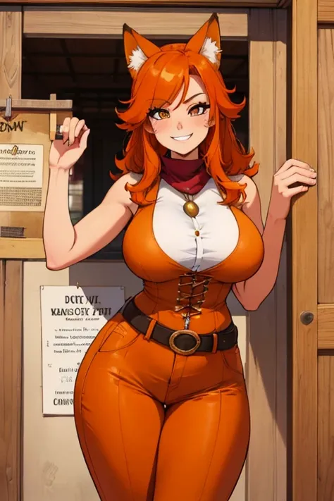 perfect face, perfect hands. an orange haired female cowgirl with copper eyes with an hourglass figure with orange fox ears and ...