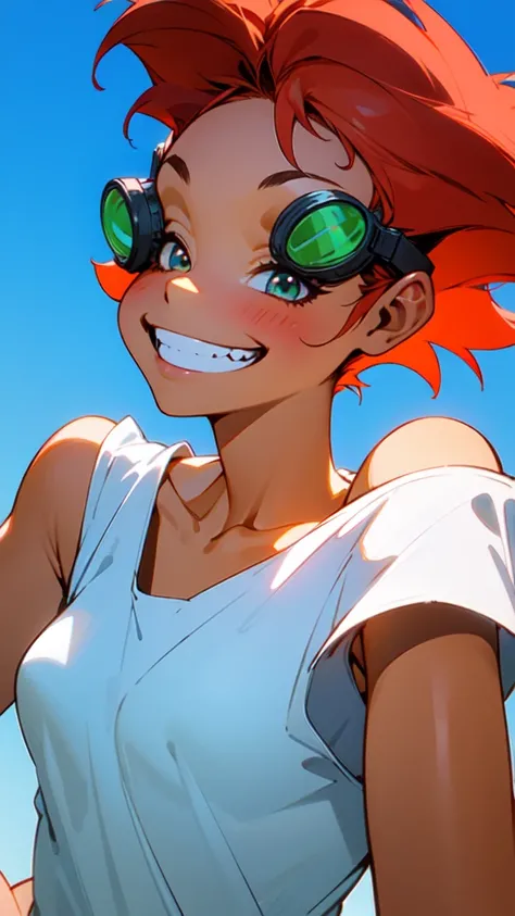 1 Girl、solo、 Redhead、Green goggles、White shirt、Ultra-high definition eyes、Upper body close-up、Very thin、clavicle、8-year-old、Spaceship on background、blue sky、Grin、shoulder