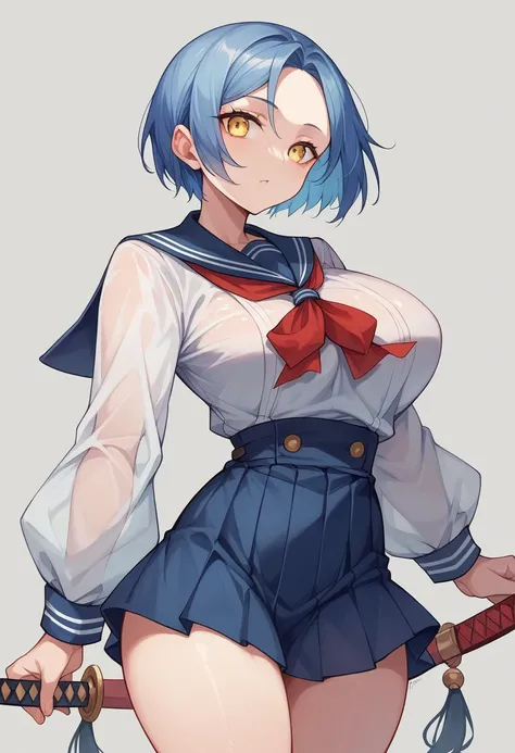 18-year-old,shiny navy hair,short hair,Parted bangs,Yellow Eyes,Large Breasts,Small waist,Big Ass,,A feminine and soft figure, , See-through sailor suit,Navy blue mini skirt,Black underwear, ,Japanese sword,Covered in body fluids,Japanese swordの墓場,