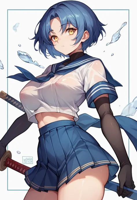 18-year-old,shiny navy hair,short hair,Parted bangs,Yellow Eyes,Large Breasts,Small waist,Big Ass,,A feminine and soft figure, , See-through sailor suit,Navy blue mini skirt,Black underwear, ,Japanese sword,Covered in body fluids,Japanese swordの墓場,