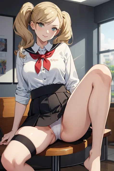 dsann, twin tail, golden hair, sitting with legs apart revealing her panties, wearing a short skirt, thick muscular thighs, large round buttocks, looking down with a seductive smile, masterpiece, 4k