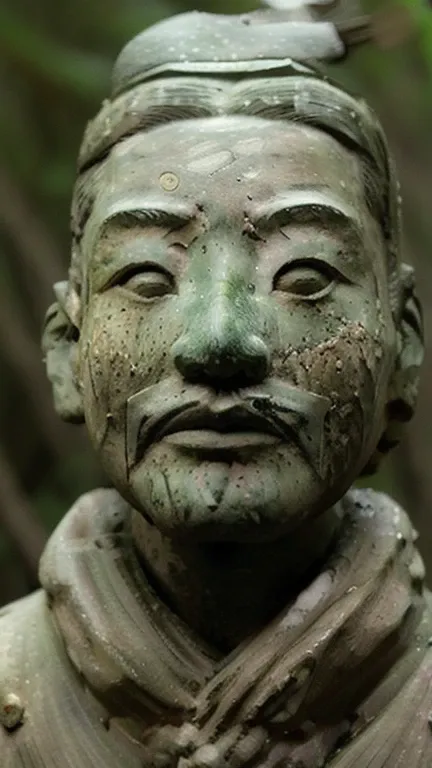 a jizo statue with a scary face in the forest,moss growing,(forest background:1.4),diagonal orientation,view your viewers,