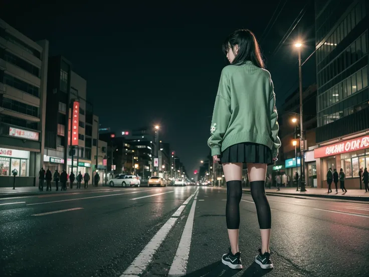 City landscape combination of Mexico and Japan modern avenue anime night neon lights, an anime girl alone in the middle of the street with her back covered in a dark flag green cardigan sweater, gray knee length skirt, high white socks and black shoes