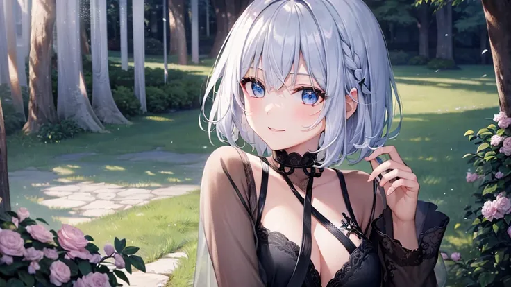 Ultra HD,Look at the viewers, Put your hands behind your back, With a girl, 20-year-old, 非常にShort Hair, Long bangs between the eyes, Pale blue eyes,  Very detailed,(masterpiece、Highest quality),Gray Hair、Laughter、Fantastic, Silver Hair, Iris,  Short hair、 ...