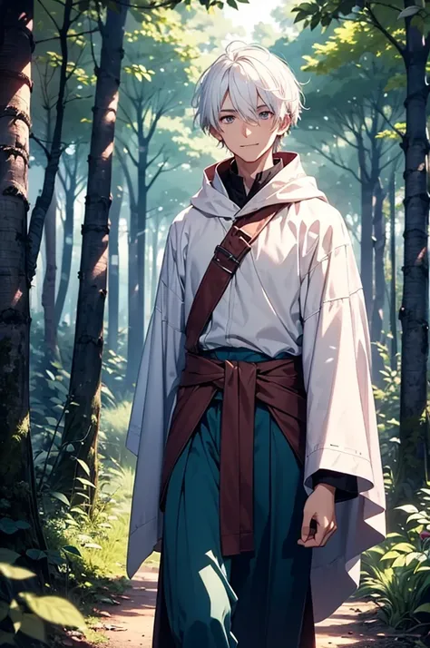 A white haired teenage boy in a long thin white cloak with a light pink pattern and holding a sheathed sword around his waist walking through a forest with a gentle smile on his face. lush forest, semi-dim lighting, high quality, evening, purple left eye, ...