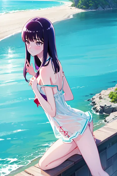 Random patterned swimsuit、Swimsuit,,Blushing、Pale brown eyes、Dark purple hair、Semi-long hair、Head to toe full body、Blushing、Embarrassed look、Composition from the front、A view from slightly below、school swimwear、Acme Face、Random pose、, 、nsfw、Highest quality...