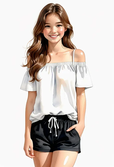 Hand-drawn watercolor illustration, One Girl,Brown Hair（Long Hair）, off shoulder（BLACK）,Shorts（white）,15 years old,smile,cute, cute, Simple, Pencil line drawing