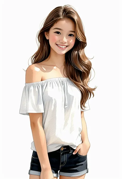 Hand-drawn watercolor illustration, One Girl,Brown Hair（Long Hair）, off shoulder（BLACK）,Shorts（white）,15 years old,smile,cute, cute, Simple, Pencil line drawing