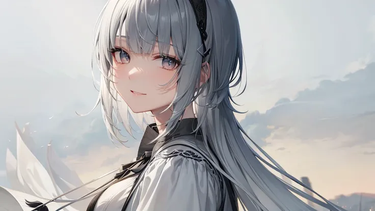 とてもShort Hair, Long bangs between the eyes, Very detailed,(masterpiece、Highest quality)、alone、Gray Hair、Fantasy, Silver Hair, Fantasyな風景、smile、Open your mouth、short hair、Short Hair、hairpin、black eye、Grey Eyes、Beautiful Eyes