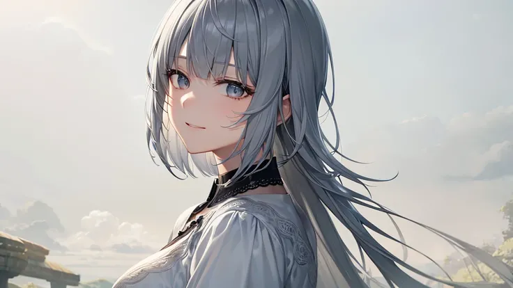 とてもShort Hair, Long bangs between the eyes, Very detailed,(masterpiece、Highest quality)、alone、Gray Hair、Fantasy, Silver Hair, Fantasyな風景、smile、Open your mouth、short hair、Short Hair、hairpin、black eye、Grey Eyes、Beautiful Eyes