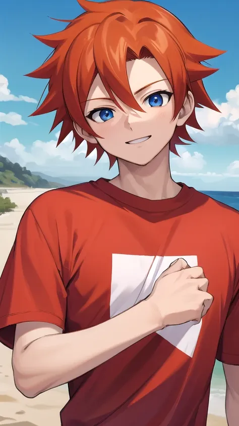 best quality, masterpiece, highres, detailed, perfect anatomy,  ChrisT, red t-shirt with white sleees, orange hair, spiked hair, blue eyes,  happy, outdoors, male ,