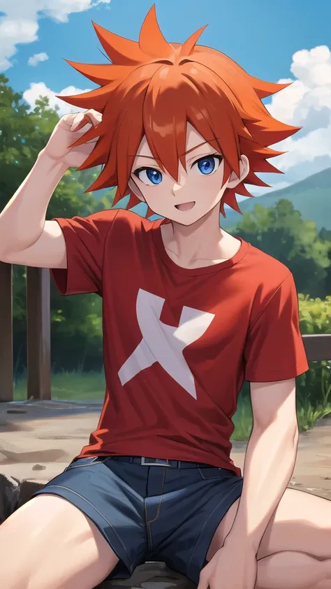 best quality, masterpiece, highres, detailed, perfect anatomy,  christ, red t-shirt with white sleees, orange hair, spiked hair,...