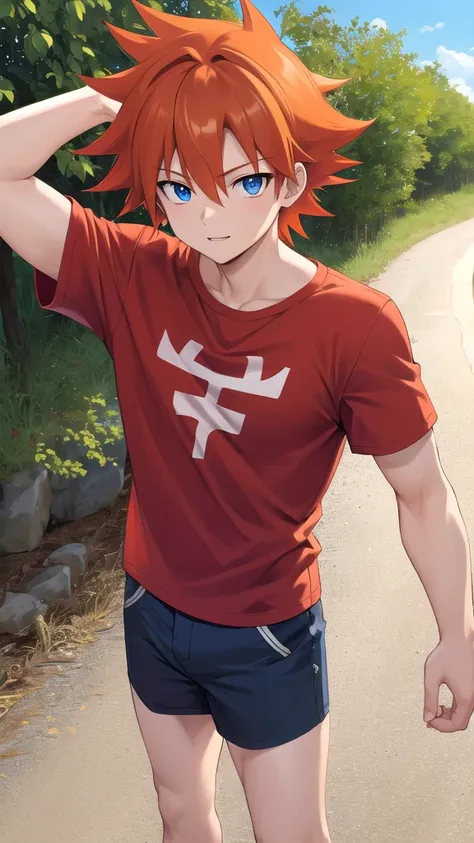 best quality, masterpiece, highres, detailed, perfect anatomy,  christ, red t-shirt with white sleees, orange hair, spiked hair,...