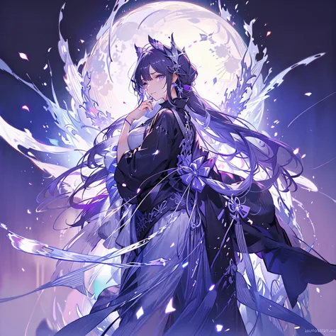 White heir Shot heir Whole body
Shiny earrings　Bathed in light  
 (Purple and dark Bule Light)
((Dark side Sad and Insanity faice ))
Shadow Aura  Dark Eyes　Confetti　Particles of light  (Eyes Shine Purple Red)
(((Big Fullmoon )))
Catch the wind Light