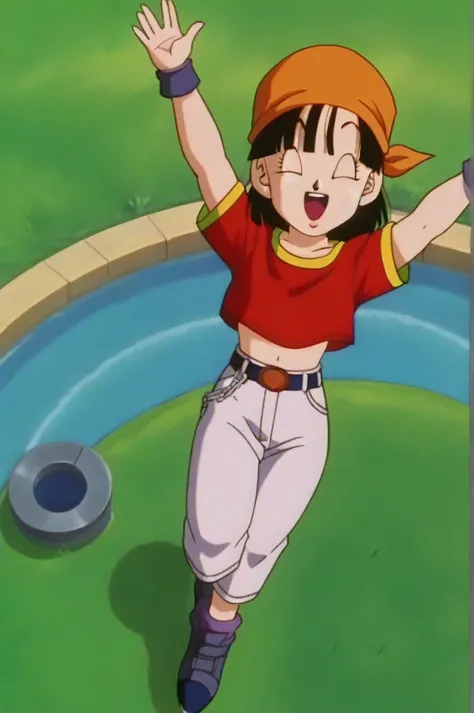 fountain_cheered up, score_9, score_8_above, score_7_above, cheered up screencap,8k, absurd res,
Pan (dragon ball), 1 girl, Alone, SMILE, Open mouth, hits, happy, Grass, black fur, field, clavicle, aboveper body, :d, dientes, blunt hits, outdoors, black ey...