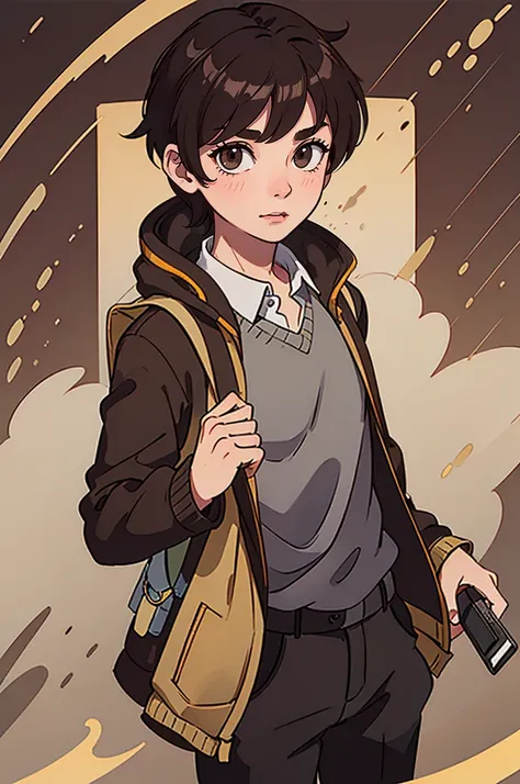 male, Short (54"), slender build, dark brown hair kept neat and parted, warm brown eyes, light brown skin, often wears collared shirts and khakis, carries a backpack filled with gadgets. (masterpiece, best quality )detailed, 1Character