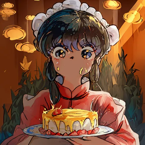 seven year old girl lam carries a cake. six-year-old girl ranma eats a huge piece of cake, ranma&#39;s whole mouth covered in cu...