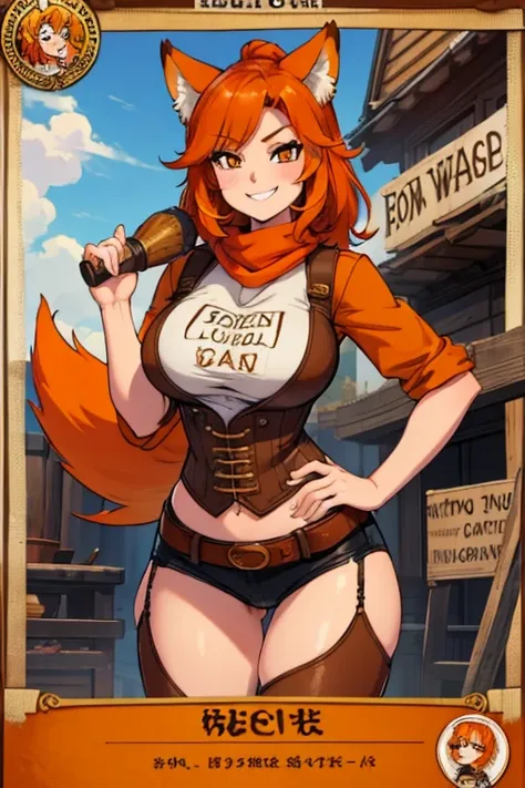 perfect face, perfect hands. an orange haired female cowgirl with copper eyes with an hourglass figure with orange fox ears and ...