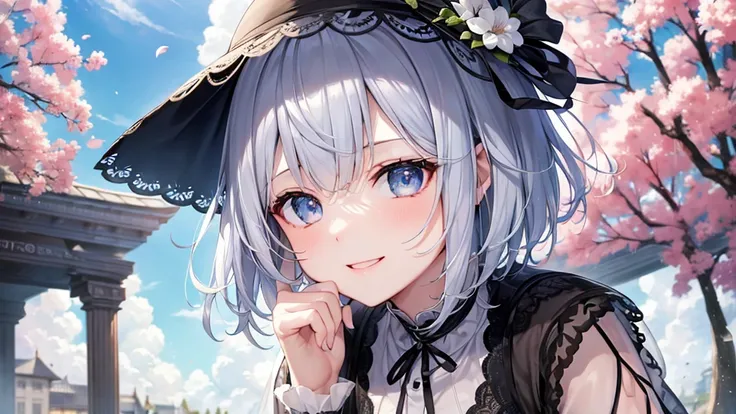 Ultra HD,Look at the viewers, Put your hands behind your back, With a girl, 20-year-old, 非常にShort Hair, Long bangs between the eyes, Pale blue eyes,  Very detailed,(masterpiece、Highest quality),Gray Hair、Laughter、Fantastic, Silver Hair, Iris,  Short hair、 ...