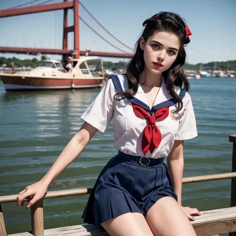 Retro Cam. margaret qualley, docks, sailor uniform, pin-up, vintage, 22 years old, perfect body, 40s, perspective, half body detail, sharp focus, light mix, detail, 50s, (high skin detail: 1,2), 8k hd, Wallpaper, DSLR, Luz outfit, high quality, Fujifilm XT...