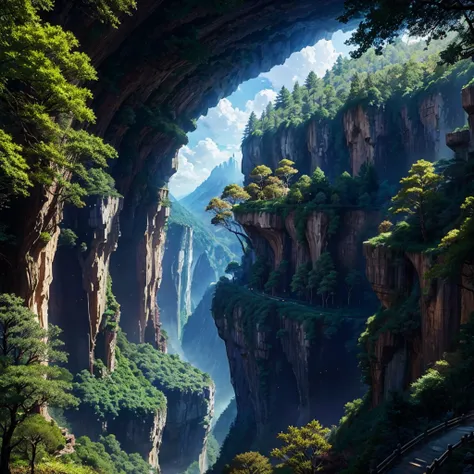 Mysterious Forest，Huge Cliff，Nature，Walking path，A world beyond imagination，Anime Art，Different world，Huge wooden building，romantic，Dream world，best scenery，Best Quality，8K，masterpiece，perfection