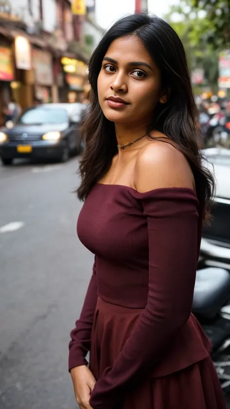 (full body, editorial photograph of a young dusky Indian woman), photographed in a busy street, (highly detailed face:1.4) (smile:0.7) (background Busy indian street , moody, private study:1.3) POV, by lee jeffries, nikon d850, film stock photograph ,4 kod...