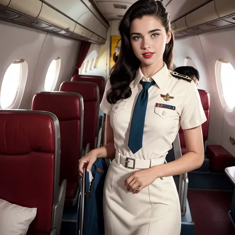 Retro Cam. margaret qualley, plane, stewardess uniform, pin-up, vintage, 22 years old, perfect body, 40s, perspective, half body detail, sharp focus, light mix, detail, 50s, (high skin detail: 1,2), 8k hd, Wallpaper, DSLR, Luz outfit, high quality, Fujifil...