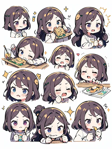 chibi, 1girl, (9 emojis, emoji sheet, align arrangement)，(9 poses and expressions), (((angry, drooling, eating, embarassed, laug...