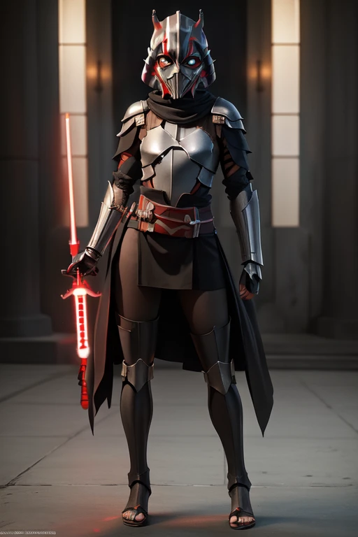 (masterpiece), (best quality)((full body))(masterpiece), (best quality), perfect face ahsoka tano, young, ((ninja mask armor)), , dark ahsoka, sith, red lightsaber, evil face, dark veins  , ((ninja mask armor))
