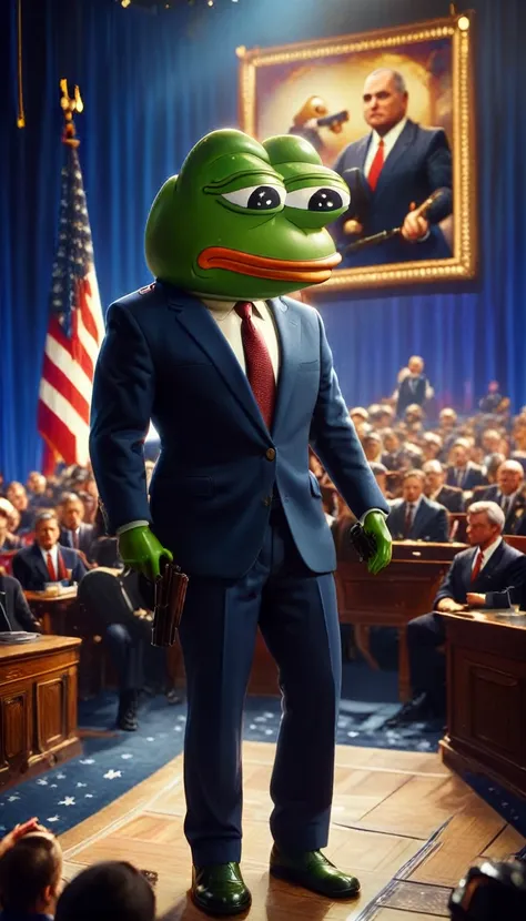 a highly detailed, photorealistic, 8k image of pepe the frog, a political figure on stage, with a bodyguard protecting him, dram...