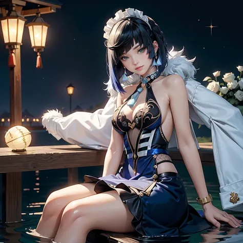 Yelan_(genshin impact), 1girl, white roses, ornament hair, roses on her hair, maid, maid dress, maid headdress, maid apron, navy hair, short hair, seat on a water, lake scene, Chinese maid dress, gold lantern, navy dress, more details on her clothes, golde...