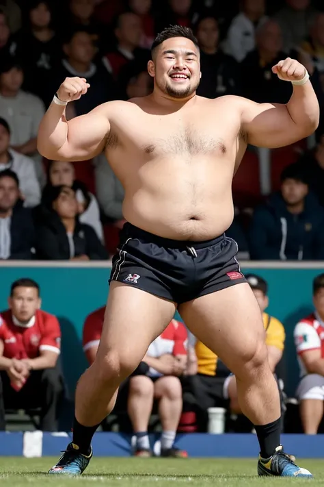 ((highest quality)), ((masterpiece)), (detailed), ((Perfect Face)), 4k, Shaved head, Young Japanese, Muscular, Fat body, Very big man, smile, ((showing off crotch)) A large Japanese man shirtless、whole body、Rugby player、Thick legs、Thick arm muscles、Intimid...