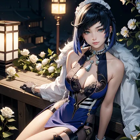 Yelan_(genshin impact), 1girl, white roses, ornament hair, roses on her hair, maid, maid dress, maid headdress, maid apron, navy hair, short hair, seat on a grass, garden scene, Chinese maid dress, gold lantern, navy dress, more details on her clothes, gol...