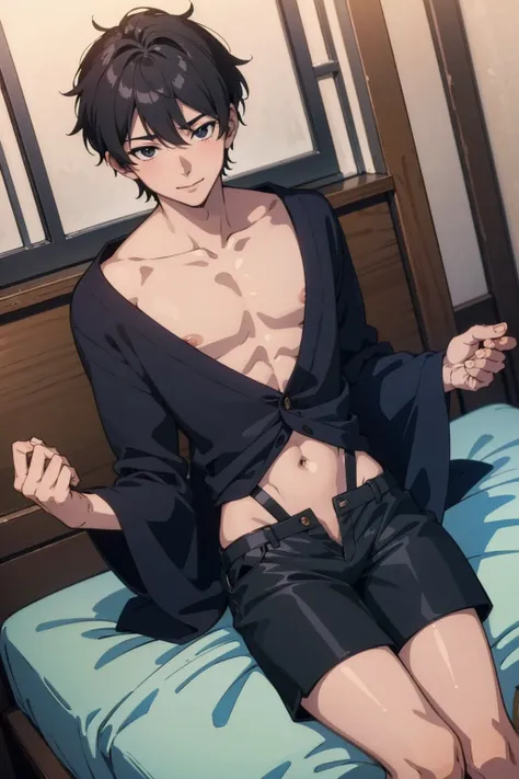 ((8K:1.2),masterpiece, Highest quality, Ultra-high resolution:1.25) beautiful boy anime face, sweet body, no muscular body, 16 old a boy, face and body emphasis, gay anime hentai, tall boy, no underwear, bedroom alone, sexy pose, blushing and smile face, s...