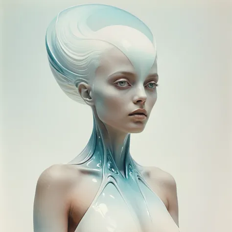 Surrealism, (White Ombre Color Scheme ,Opala ,iridescente ) Very beautiful alien woman TheWeirdies, Expressive, dramatic, organic lines and shapes, dreamy and mysterious, Surrealism