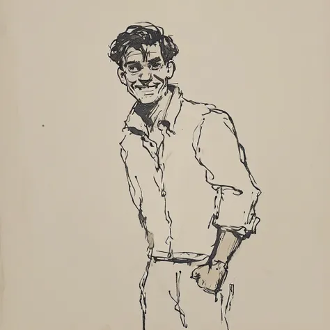 full body drawing of a man in white shirt, smiling, scared.