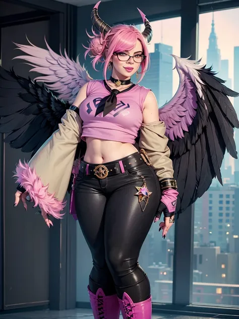 (masterpiece, best quality:1.2), 1girl, solo, city background, haze (fortnite), Harpy Haze From fortnite, 1girl, earrings, glasses, hat, jewelry, lips, long hair, looking at viewer, makeup, nail polish, pink eyes, pink hair, pink nails, smile, sunglasses, ...