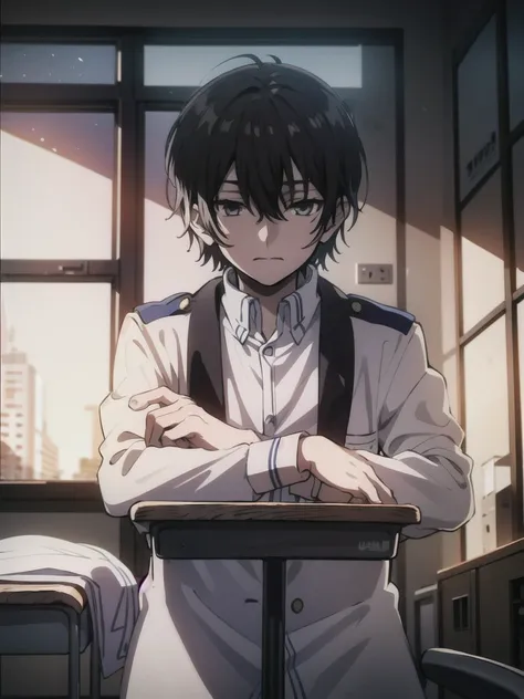 ((best quality)), ((masterpiece)), (detailed), boy, high , uniform, bored look, blank look, disinterested look, resting on desk,...