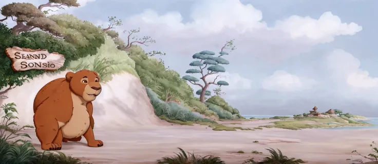 there is a cartoon bear that is standing in the dirt, studio ghibli environment, production animation cel, studio ghibli smooth ...