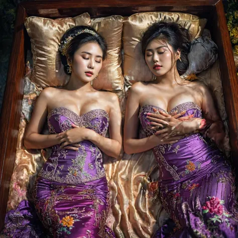 In a striking 8K HDR scene, a stunning Korean woman, 22 years old, lies peacefully in a black coffin surrounded by plush pillows. The deep box is set against a rich black background, accentuating the beauty of the subject. Her exquisite kebaya attire is em...