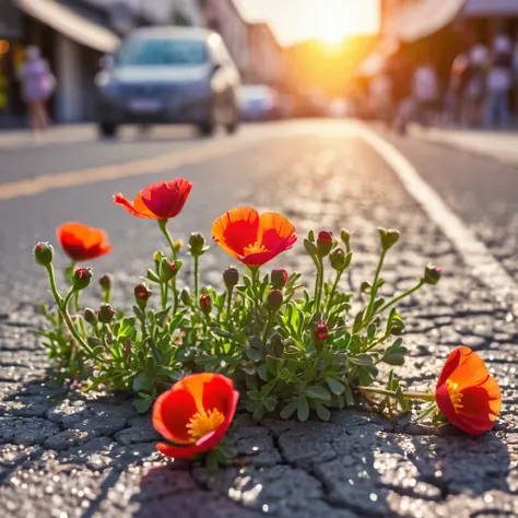 A masterpiece, very detailed, photorealistic, portulaca flowers blooming from cracks in the asphalt, the focus is on the poppies, the background is a shopping street with the sun setting, the shopping street and the sun are out of focus, the depth of field...