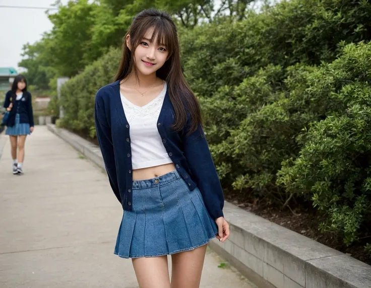 (Browsing Caution:0.8)、Beautiful high school girl staring at the camera、Medium Long Hair、Denim mini skirt:1.3、cardigan:1.3、、Wedge:1.3、Puberty、evening、from the front、Full Body Shot, Outdoor, A shy smile, Small breasts、Cleavage, squat:1.3