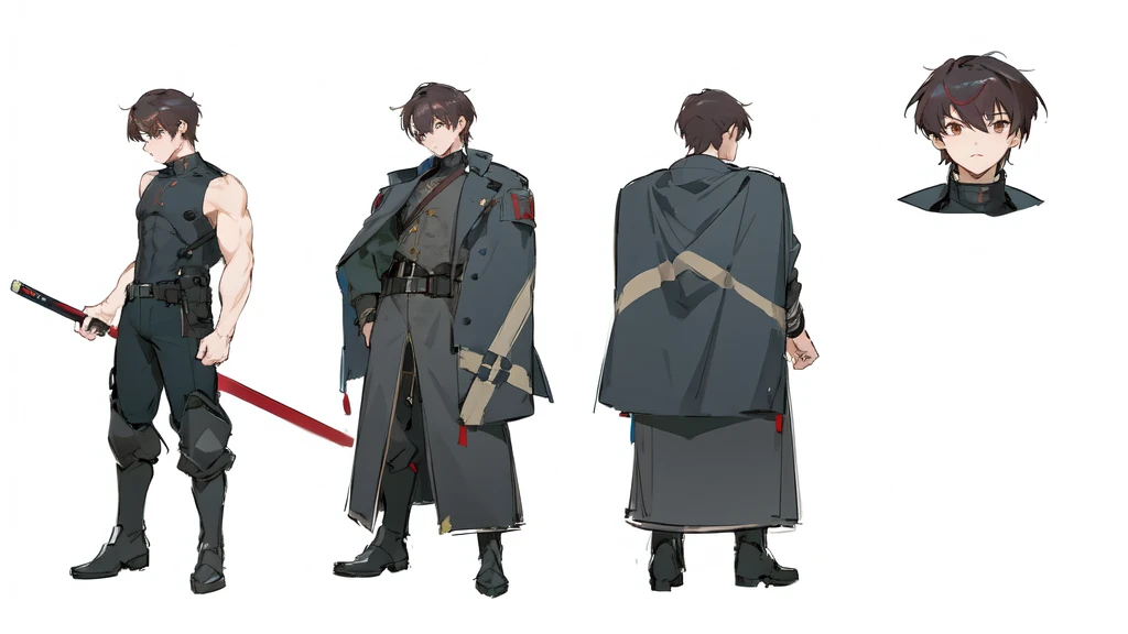 [ anime boy with brown hair and brown eyes wearing a black german military uniform ], sci fi soldier uniform, cyberpunk helmet, (((anime character sheet))), crimsom korean sword, (character design, gravity rush inspired, kantai collection style, inspired b...