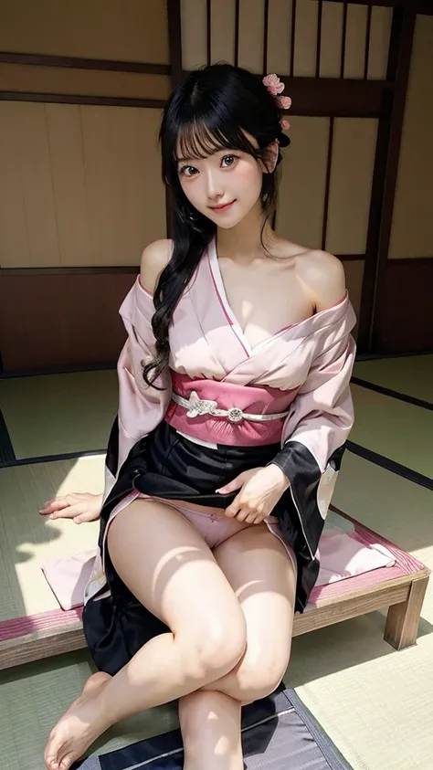 tatami、Sitting upright with shoulders exposed、Black Hair、hostel、kimono、stand、barefoot、skirtlift,pink panty