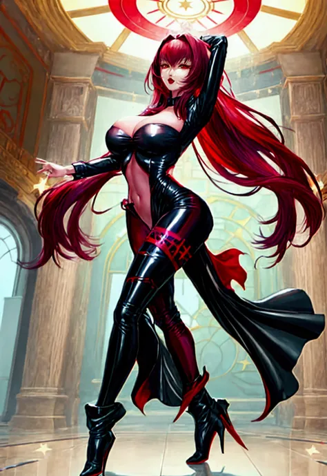 Large breasts,female 、Scathach, girl, (masterpiece: 1.1), (highest quality: 1.1), Sexy korean idol girl, red hair, kpop outfit, star top, green joggers, black militar boots, long hair, red hair, yellow eyes, red lips, sexy pose, dancing, full body.